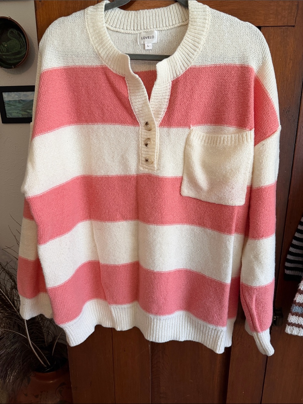 Love Cream and Pink Stripe Henley Pullover